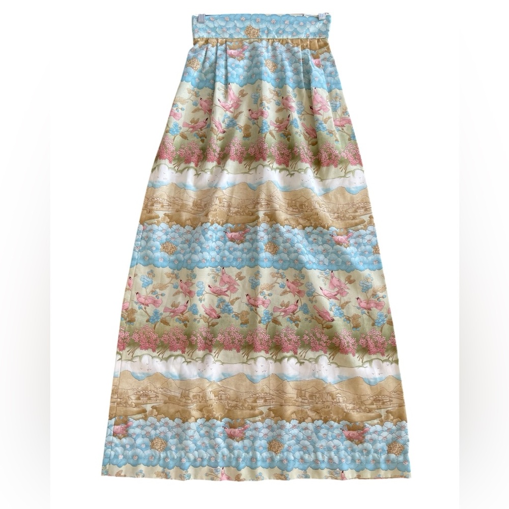 LENEXA‎ PLACE Vintage Maxi Skirt Floral Birds Tan Light Blue Classic Casual